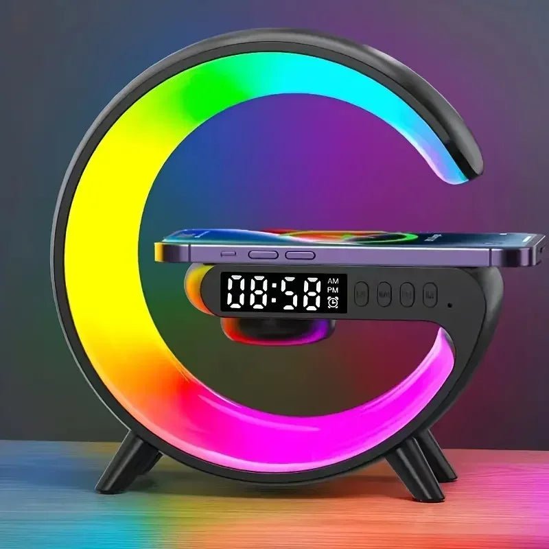 Multifunction Wireless Charger Stand with RGB Light, Alarm Clock & Speaker - Shoplyi