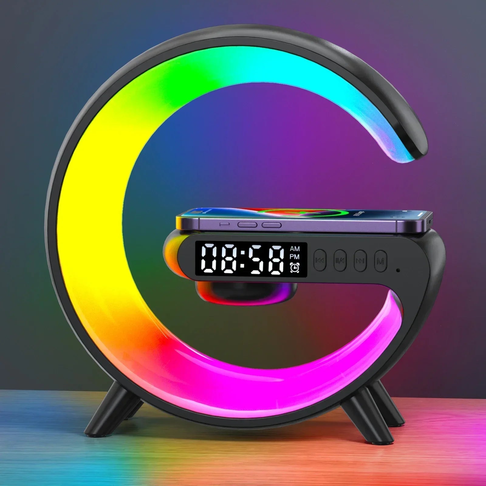 Multifunction Wireless Charger Stand with RGB Light, Alarm Clock & Speaker - Shoplyi