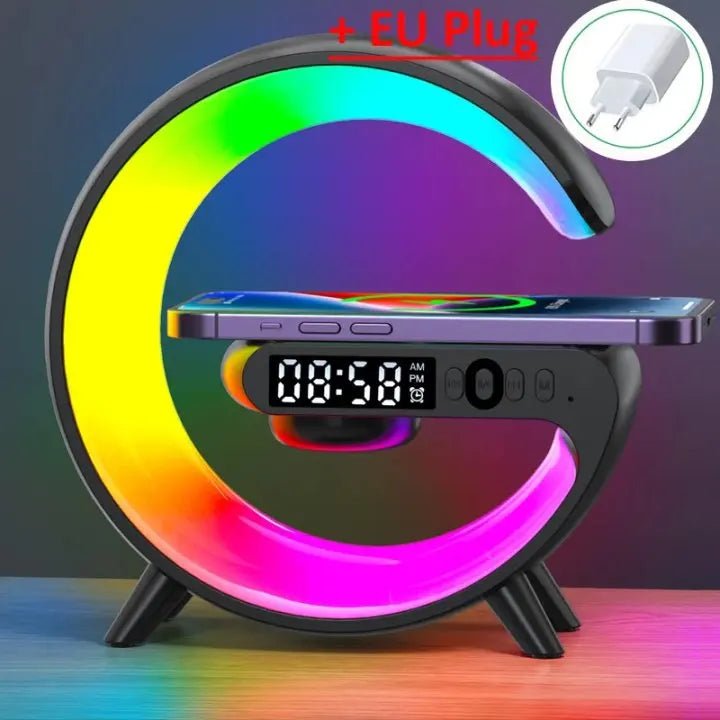 Multifunction Wireless Charger Stand with RGB Light, Alarm Clock & Speaker - Shoplyi