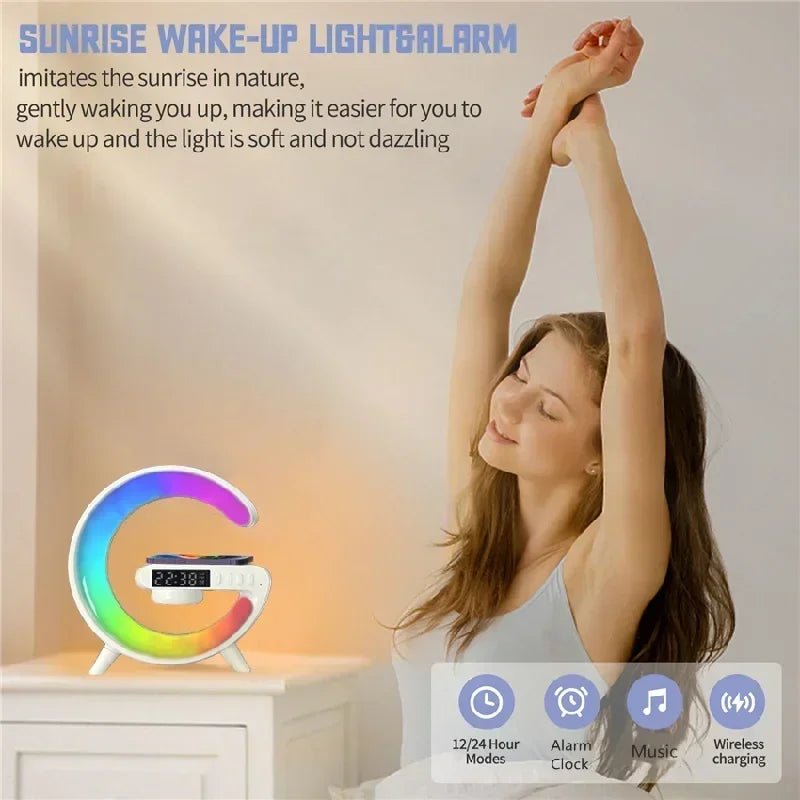 Multifunction Wireless Charger Stand with RGB Light, Alarm Clock & Speaker - Shoplyi