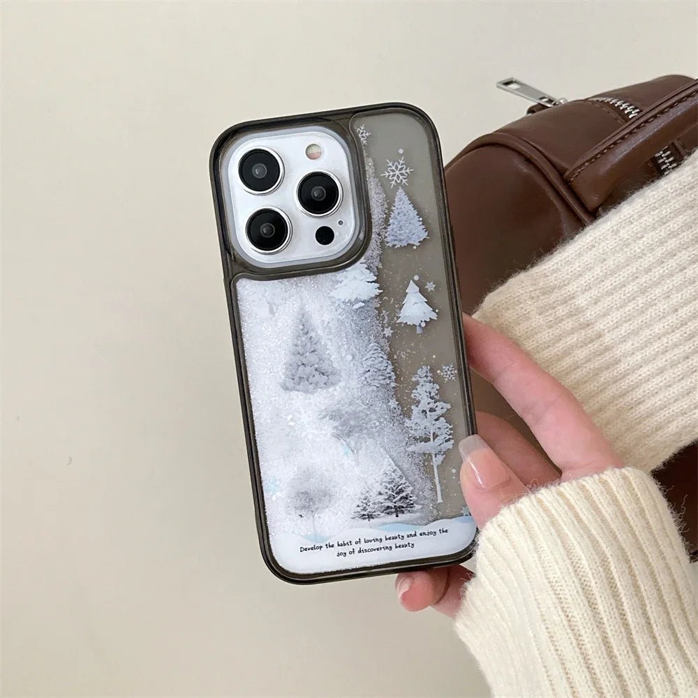 Glitter Quicksand Snowflake Cedar Case for iPhone 16 15 14 Pro Max 13 12 11 Snow Tree Forest Bling Cartoon Flower Soft TPU Cover