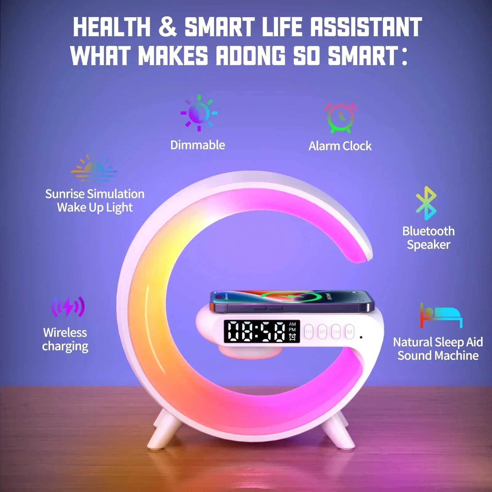 Multifunction Wireless Charger Stand with RGB Light, Alarm Clock & Speaker - Shoplyi